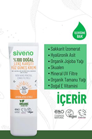 Siveno %100 Doğal Yüz Güneş Kremi Leke Karşıtı Aydınlatıcı Çinko Mineral Filtre UVA UVB SPF 50+ 30 ml